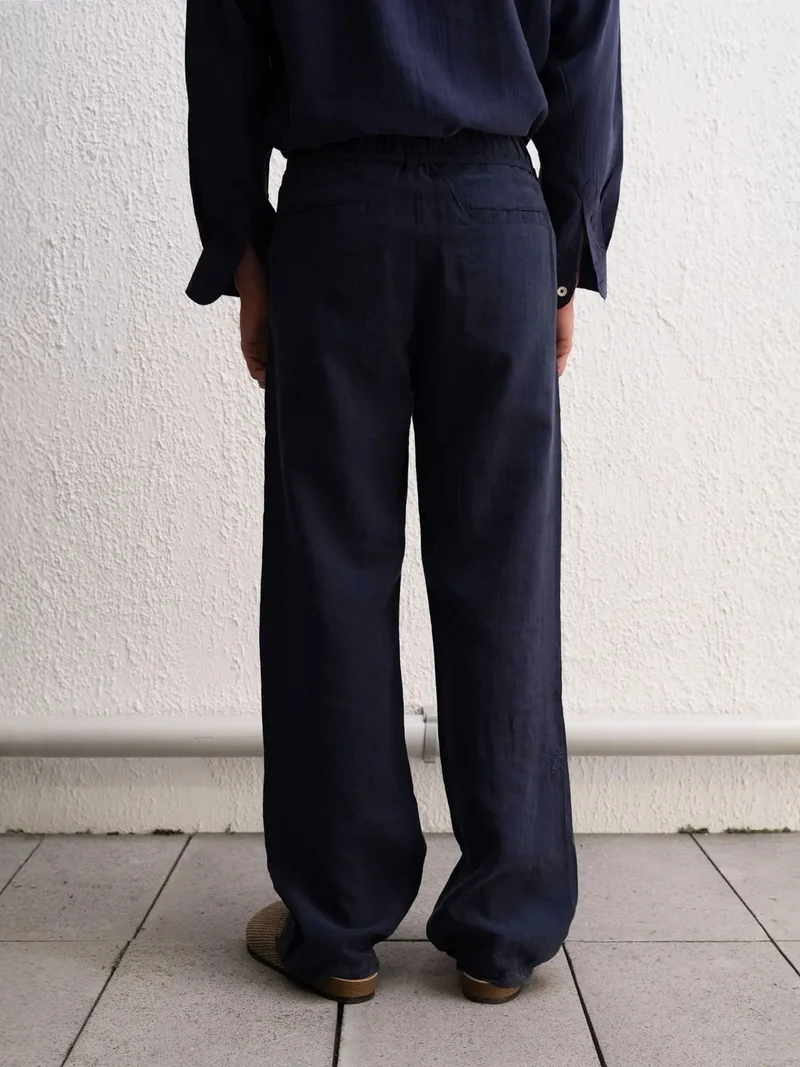 Giesto Navy Blue GIESTO Regular Fit Drawstring Waist Tencel Pants with Binding Detail for Men | Best Price UAE